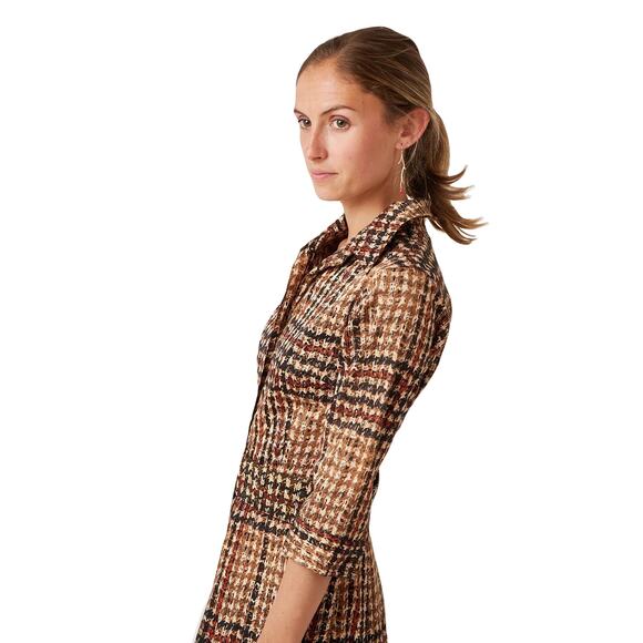 NWT SAMANTHA SUNG Dress US 6 Brown Wool-Silk Knit Houndstooth Button-Up”Jenny” - Picture 1 of 11